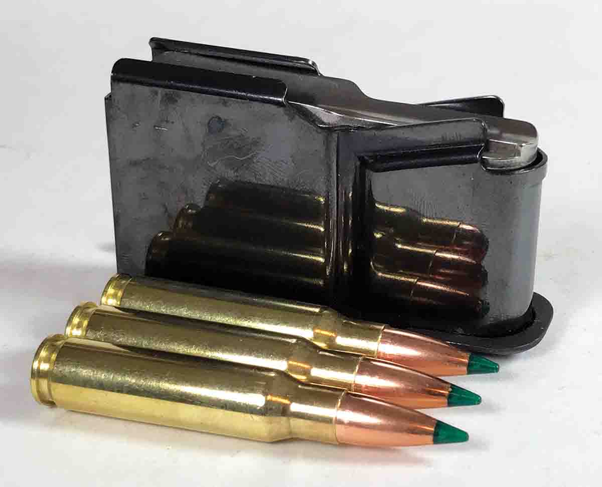 While the Saphire’s receiver is aluminum, its magazine is steel and holds three .308 Winchester cartridges.